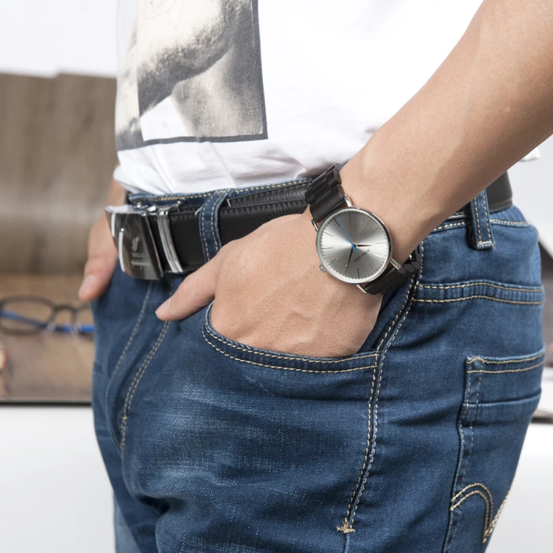BOBO BIRD Simple Men Watch Thin Steel Silver Case Dress Watch with Wood Band in Gift Box
