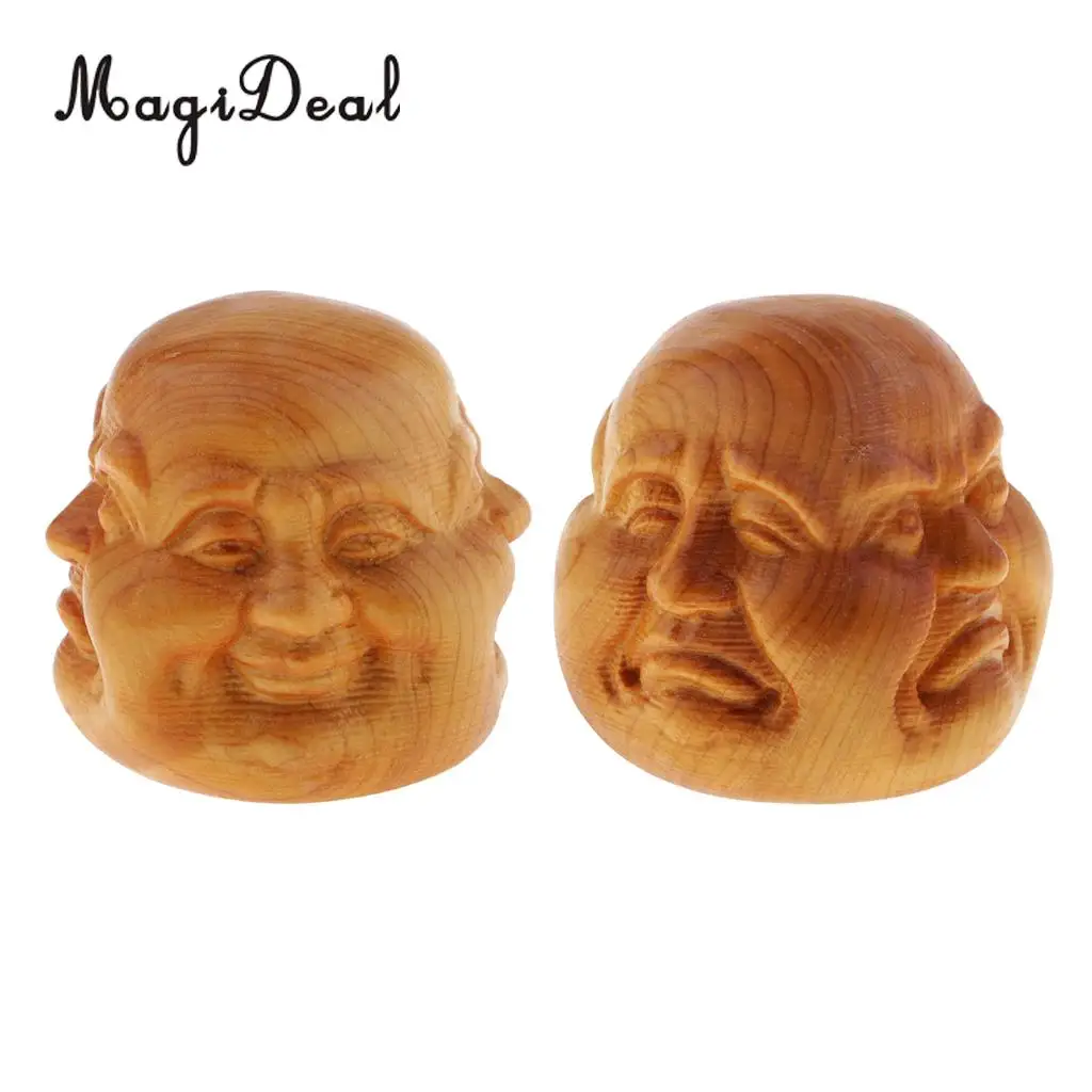 2pcs Buddha Head Statue Wooden Sculpture Figurine Mini Home Decor