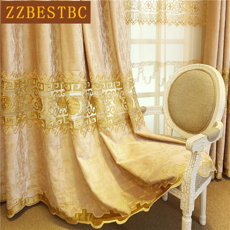 

European high quality villa dark blue velvet embroidered flat curtains for living room with luxurious tulle for bedroom kitchen