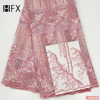 

HFX Pink 2019 High Quality Nigerian Tulle Lace Fabrics Latest Beaded Mesh African Lace Fabric Bride French Net Lace Fabric H2222