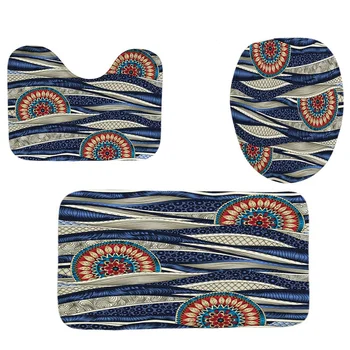 

4Pcs Home Bathroom Decor Set Bohemian Style Wave Pattern Toilet Seat Cover Bath Mat Set + Waterproof Shower Curtain