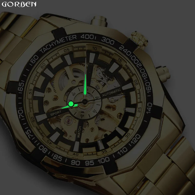 

Hot Sale Luxury Golden Winner Luminous Automatic Mechanical Skeleton Dial Bracelet Stainless Steel Band Men WristWatch Male Gift