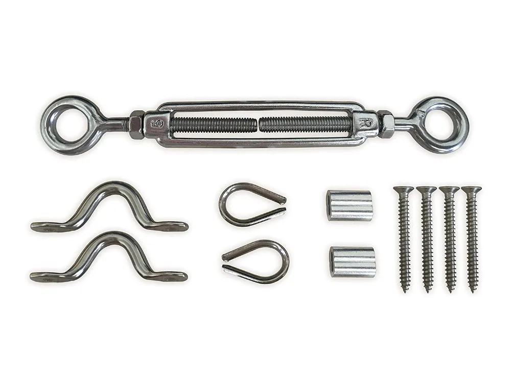 

Cable Railing Kit 1-Pcs(Eye&Eye, M4), 2-Pcs 1/8 Inch Wire Rope Cable crimping loop sleeve, 2-Pcs Thimble(M3), 2-Pcs Pad eyes(M5)