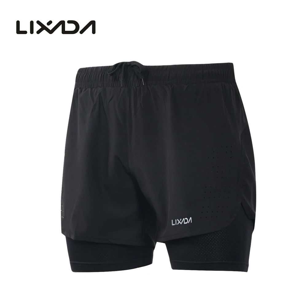 Lixada Men's 2-in-1 Running Shorts Quick Drying Breathable Active Training Exercise Jogging Cycling Shorts with Longer Liner