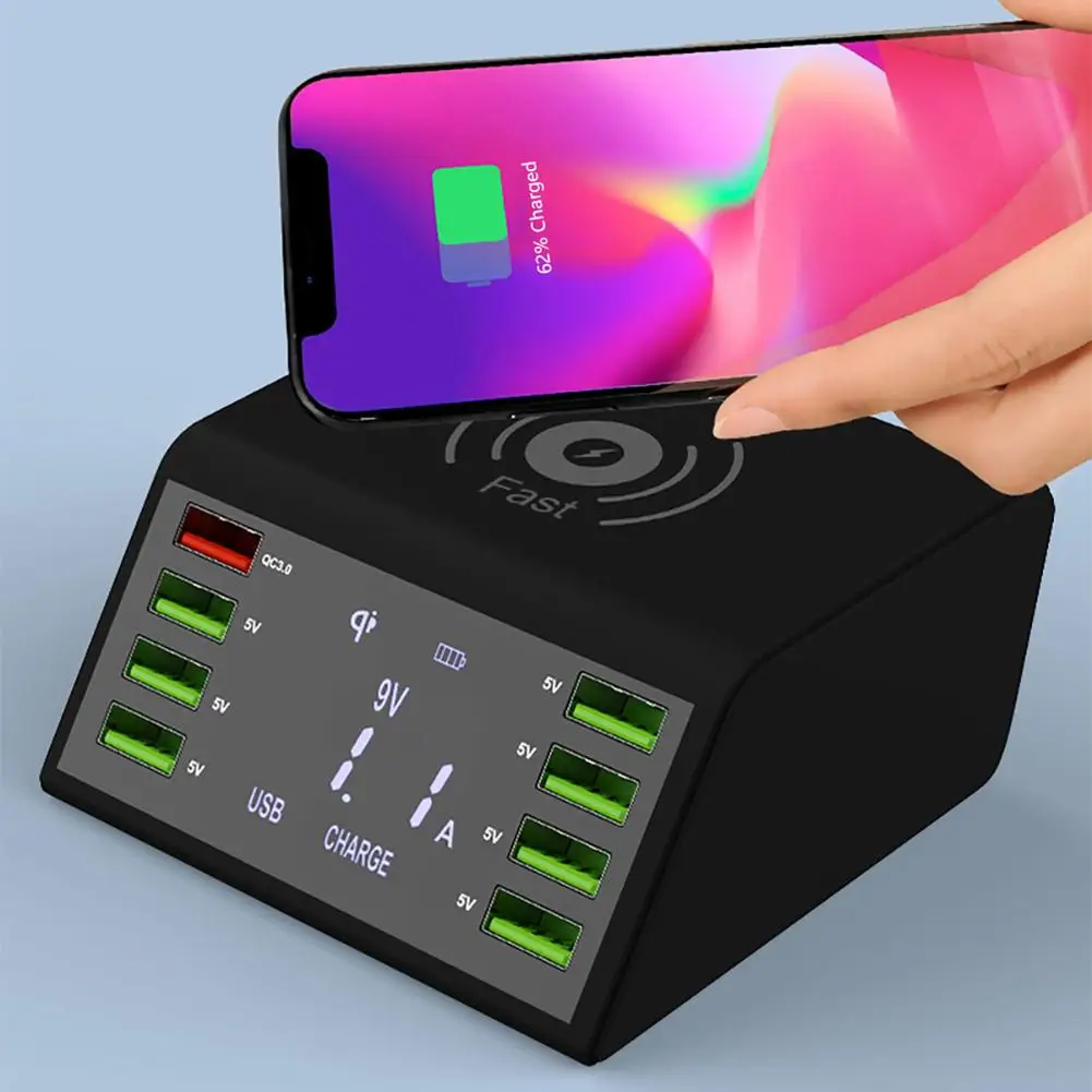 

2019 Latest 9- In-1 Wireless Charger QC 3.0 Fast Charging 8USB Port Type-C Charging Dock For Smartphones And Tablet