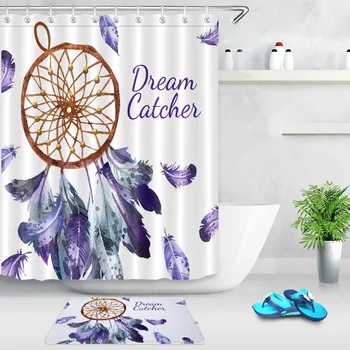 

Brown Grey Purple Dream catcher Color feather Shower Curtain 12 Hooks Sets Kids Bathroom mat Waterproof Polyester Cloth Fabric