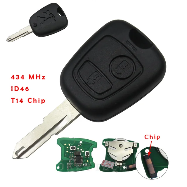 HIGH QUALITY 2 Buttons Fit For Peugeot 206 remote key control 433mhz with ID46 transponder chip