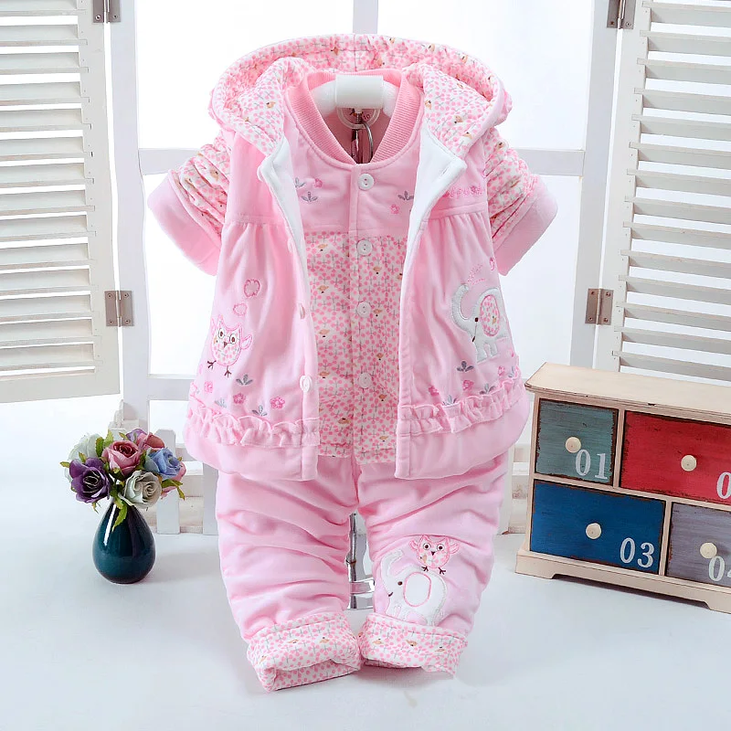 

New Autumn & Winter Pink Baby Girl Clothes Add Cotton-Padded Warm Soft 0-1-2 Years Newborn Infant Baby 3Pcs/Set Walking Dress