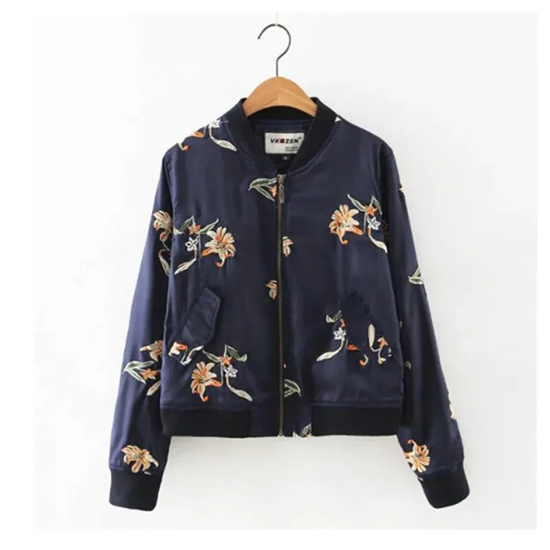

2019 Autumn Women Flower Embroidery Stand Collar Long Sleeve Jacket Ladies V-neck Pockets Short Bomber Coat Outerwear