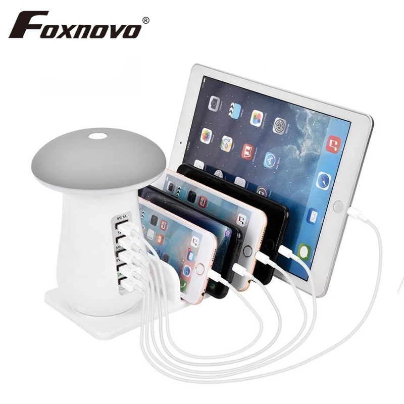

Foxnovo Multiple USB Charging Station Wall Charger with Mushroom LED Desk Lamp Phone Stand Organizer for Smartphones Tablets