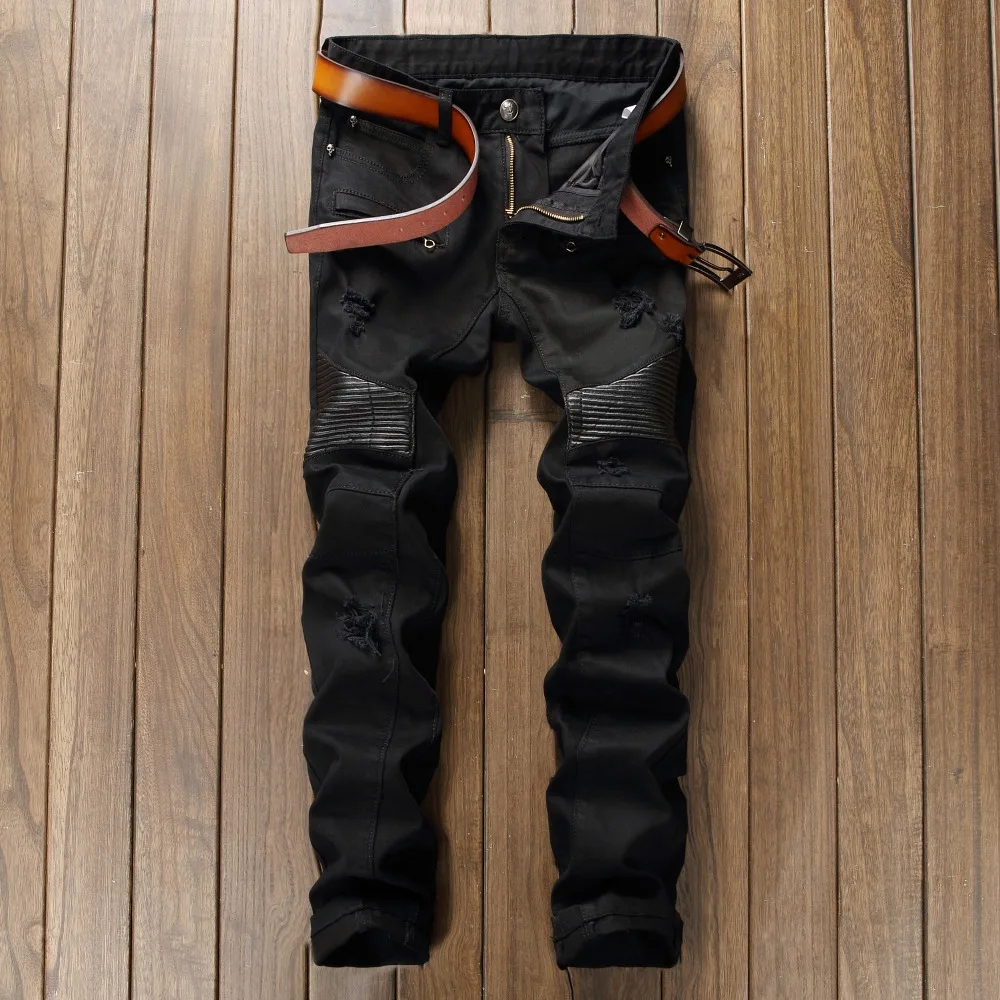 Free Shipping High Quality Men PU leather jeans Casual Design Biker