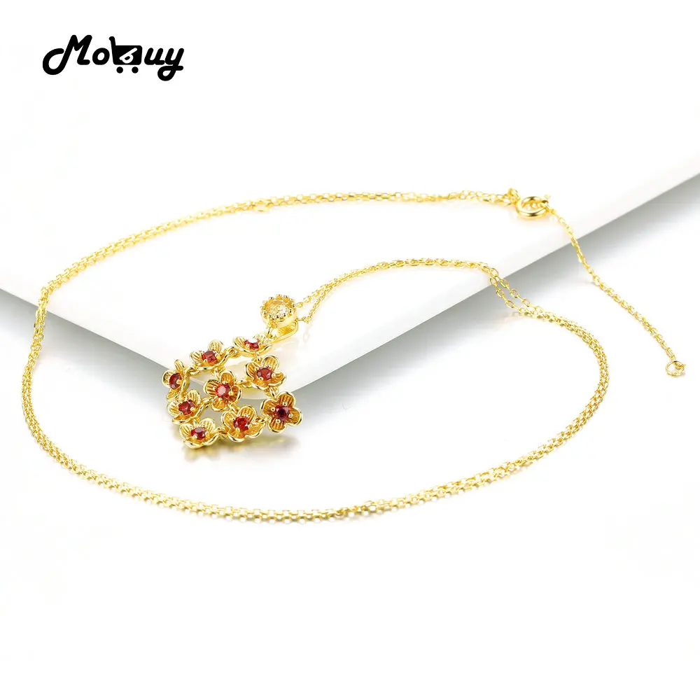 

MoBuy MBNI029 Flower Natural Gemstone Red Garnet Weddding Necklaces & Pendant 925 Sterling-Silver-Jewelry 14K Yellow Gold Plated