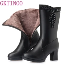 GKTINOO/новые женские зимние ботинки обувь из натуральной кожи до середины икры на Высоком толстом каблуке женские теплые ботинки из плюша и шерсти Женская обувь размера плюс