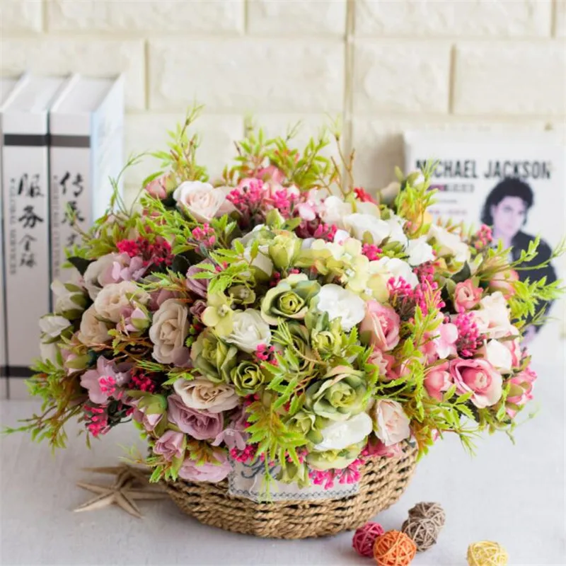 European Fake Rose Bunch Simulation Roses with Plastic Accessories for Wedding Home Decorative Artificial Flowers | Дом и сад