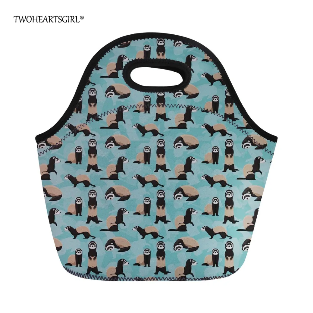 

Twoheartsgirl Cute Cheeky Ferrets Printed Neoprene Lunch Handbag Insulated Women Kids Thermo Food Bag Warm Heat Lunchbags