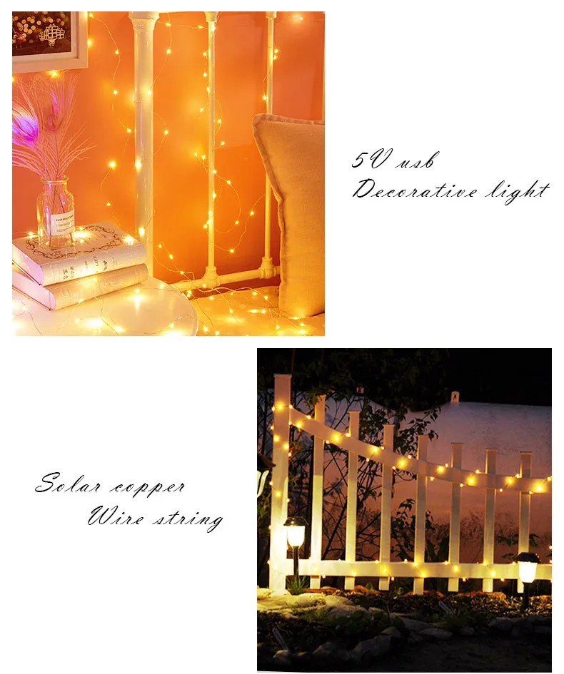 Светодиодный Сказочный светильник 5 м 10 м 20 м Светодиодная лента Cooper проволочная гирлянда Праздничные огни USB/Солнечная энергия Outdo балкон декор для свадебной вечеринки
