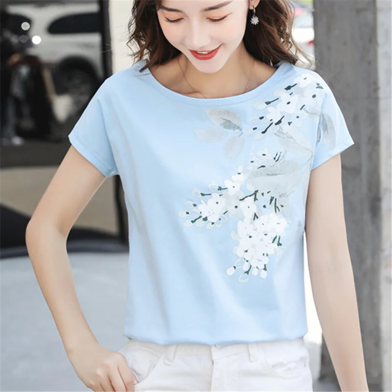 

2019 New Fashion Summer Women Cotton Shirts Batwing Short Sleeve T-Shirts O-Neck Tees Lady Print Casual Female T-Shirt Plus Size