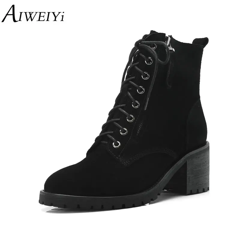 

AIWEIYi Autumn Winter Genuine Leather High Heels Lace Up Black Ankle Boots Thick High Heels Fashion Shoes Suede Boots