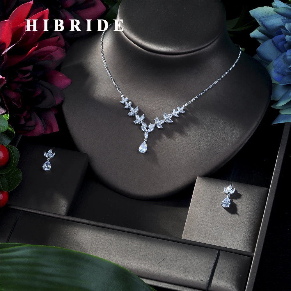 

HIBRIDE Luxury Sparking Brilliant Cubic Zircon Drop Earring Necklace Dinner Jewelry Set Wedding Bridal Dress Accessories N-173