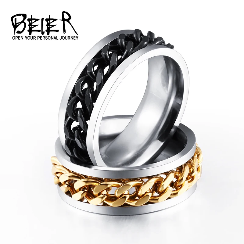 BEIER New Part Plated-Gold/Black Man's Spin Chain Ring For Stainless Steel Cool Man Woman Fashion Wedding Jewelry BR-R054