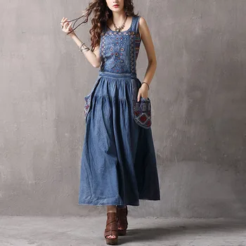 

Summer Spring Casual Womens Female Embroidery Sleeveless Washed Long Denim Dress , Woman 2019 New Bleached Pleated Jeans Dresses