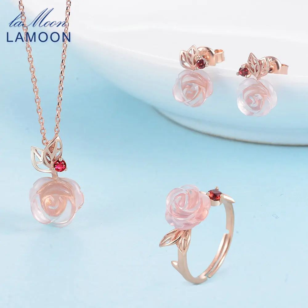 LAMOON FlowerRose Натуральный Розовый Кварц сделано с 925 Ювелирные Изделия Стерлингового