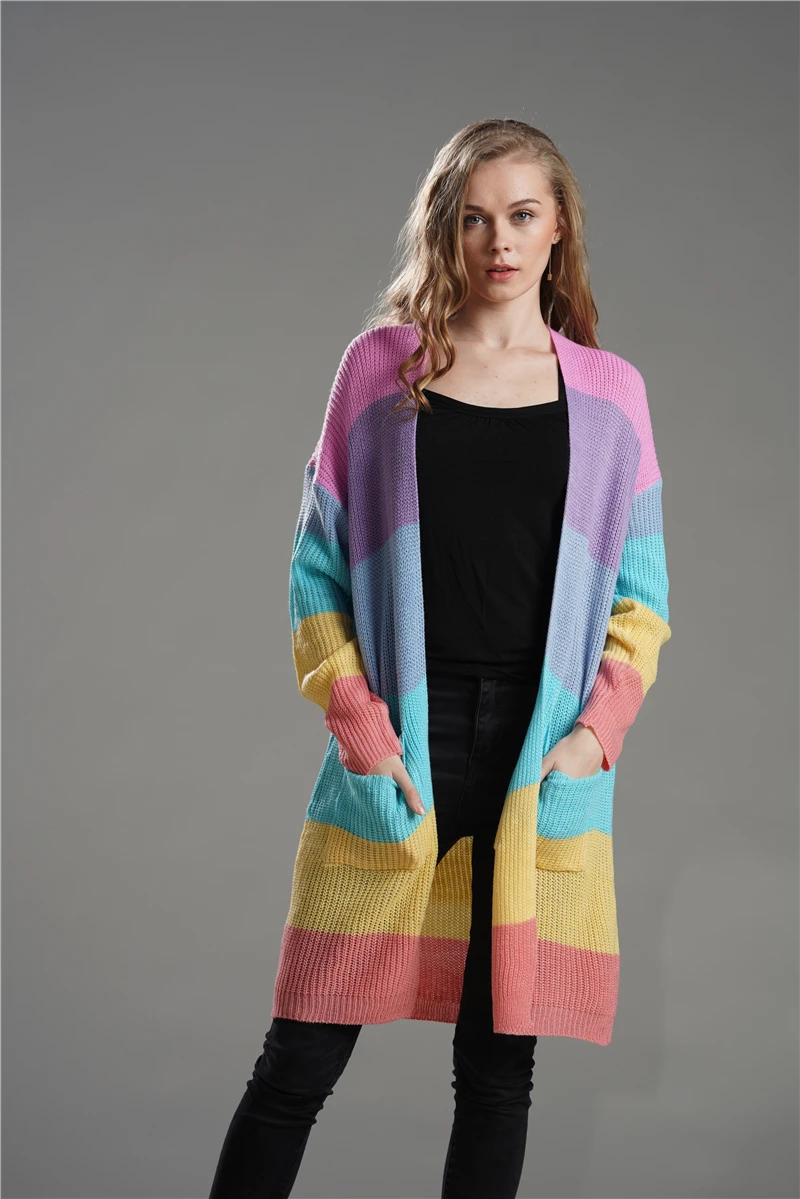 New knit long section loose round neck large size rainbow striped