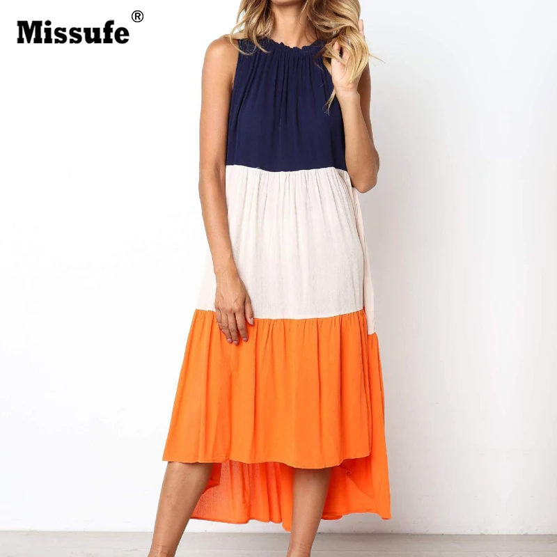 

Missufe Contrast Stitching O Neck Summer Dress Women Irregular Off Shoulder Midi Length A Line Female Vestidos 2019 Summer Dress