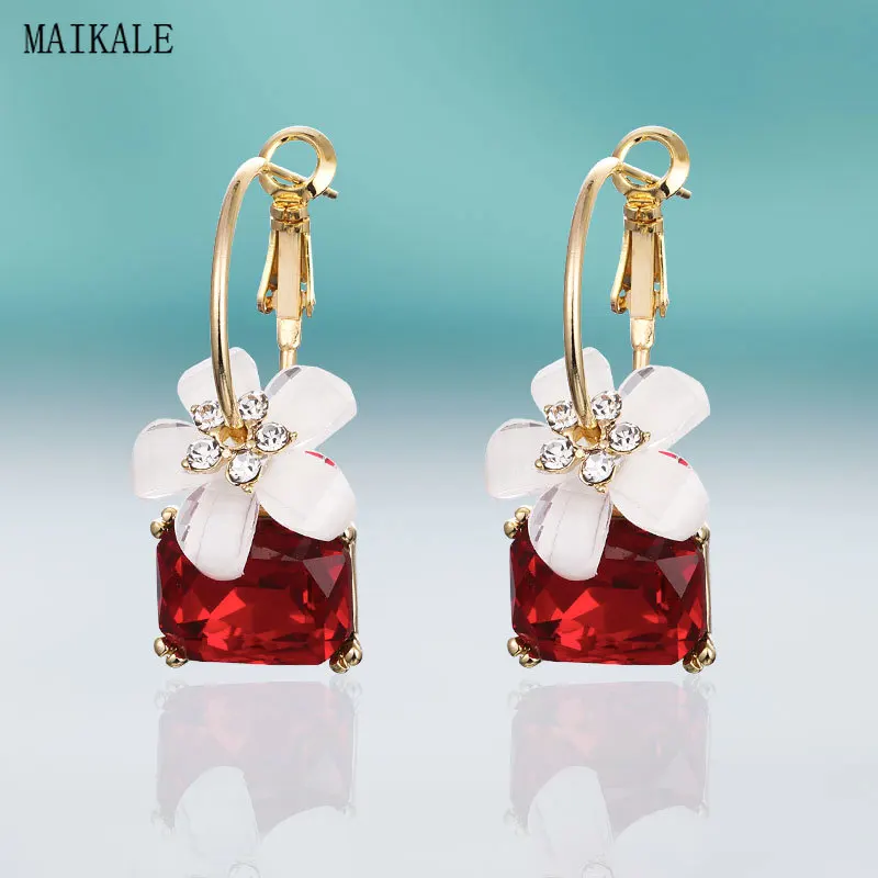 

MAIKALE Vintage Drop Earrings for Women Copper Square Crystal Flower Rhinestone Dangle Earing Korean Style New Fashion Jewelry