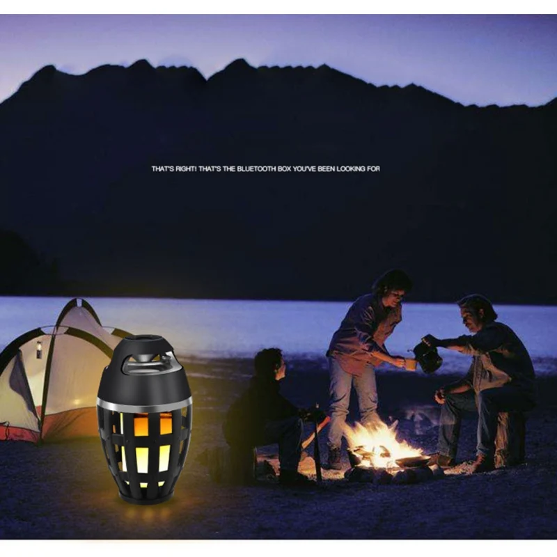 

Outdoor Portable Stereo Speaker with HD Audio LED Flickers Warm Yellow LED Flame Table Lamp Atmosphere Bluetooth Speakers