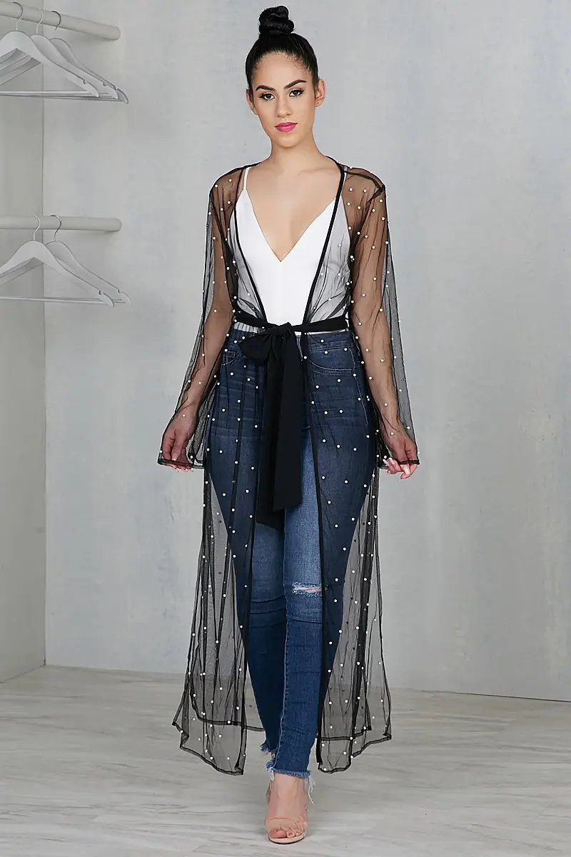 

Long Sleeve Beachwear Beading Sheer Black Mesh Blouses Sexy Club Women Tops Sexy See Through Mesh Long Kimono Cardigan