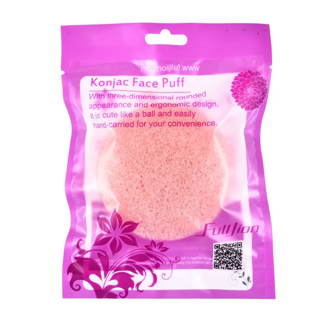 Fulljion 1pcs Konjac Cosmetic Puff Round Shape Face Wash Natural Facial Cleanser Plant Cotton Bamboo Charcoal Wet Sponge Makeup - Color: pink with package