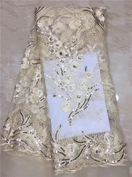 

African Lace Fabric 2019 High Quality Lace Champagne/Gold Bridal Lace Fabric With Sequins Nigerian Tulle Mesh Lace Fabrics C5