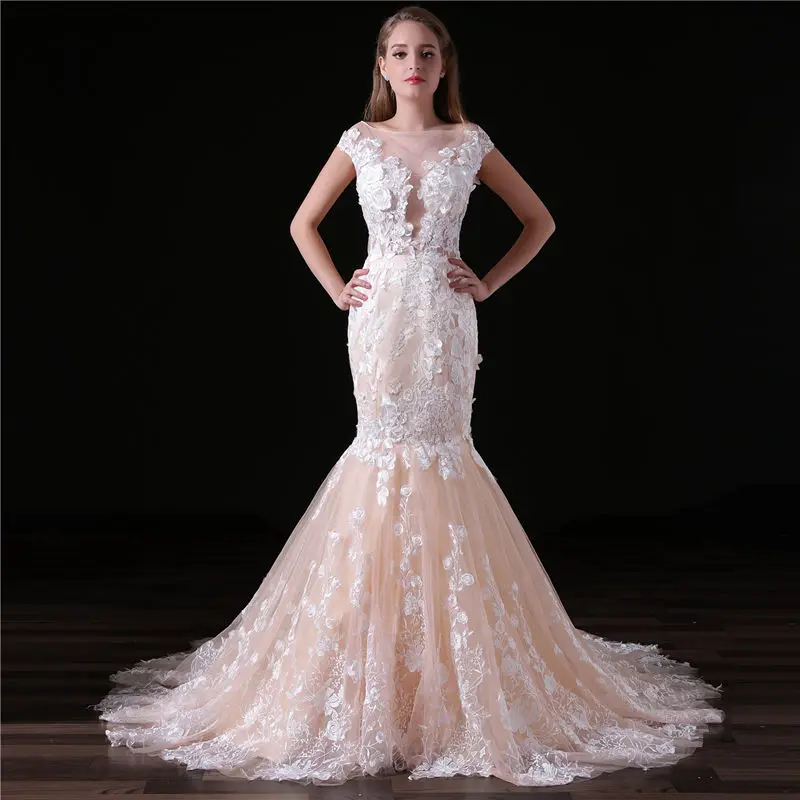 

Lace Fashion Floral Mermaid Dress O Neck Short Sexy Women Backless Wedding Elegant Bohemain Party Dresses Wholesale