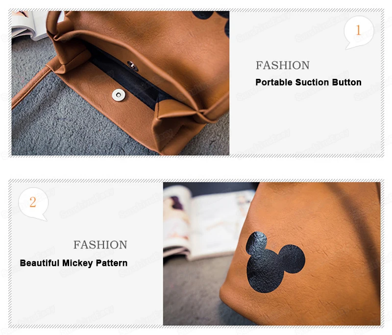 Disney Mickey Mouse Cartoon Bucket Bag Shoulder Shopper Lady Handbag Women Shopping Leisure PU Two Shoulder Straps Satchel