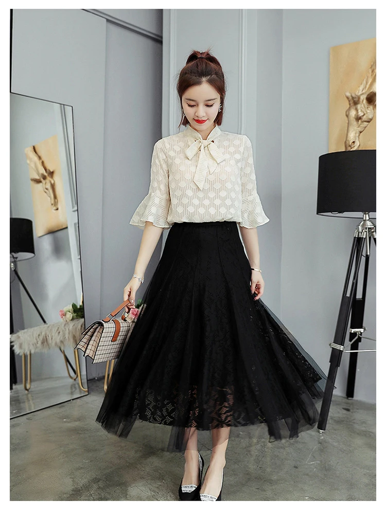 Trumpet Cuff Half Sleeve Bow Neckline Elegant Blouse Black Gauze Skirt Women 2 Piece Set Suit Summer Spring (8)