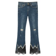 Сезон весна-лето; Модные женские джинсовые брюки с неровными кисточками и рваными вырезами; повседневные узкие расклешенные джинсы