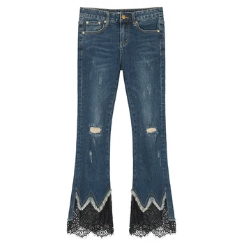 

Spring Summer Fashion Woman Irregular Tassel Ripped Hole Scratched Lace Patchwork Denim Trousers , Casual Slim Flare Jeans Pants