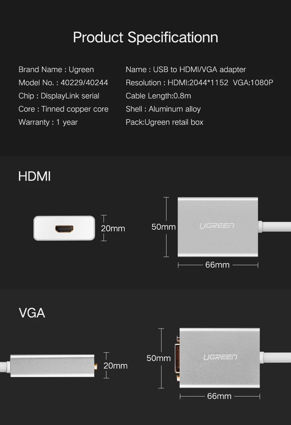 Ugreen USB HDMI VGA DVI адаптер Внешний USB к HDMI мульти-дисплей адаптер мужчин и женщин проектор Разъем конвертер USB HDMI