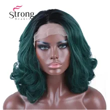 StrongBeauty Ombre черный до зеленый короткий синтетический парик на кружеве натуральные волнистые термостойкие для женщин выбор цвета