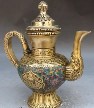 

RHS0136 Chinese Dynasty palace Cloisonne Enamel Bronze Gilt Dragon Wine Tea Pot Flagon