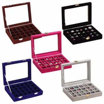 

24 Slots Velvet Women Desk Jewelry Storage Box Portable Ring Necklace Jewelry Carrying Case Women Home Storage Supplies 5 Colors