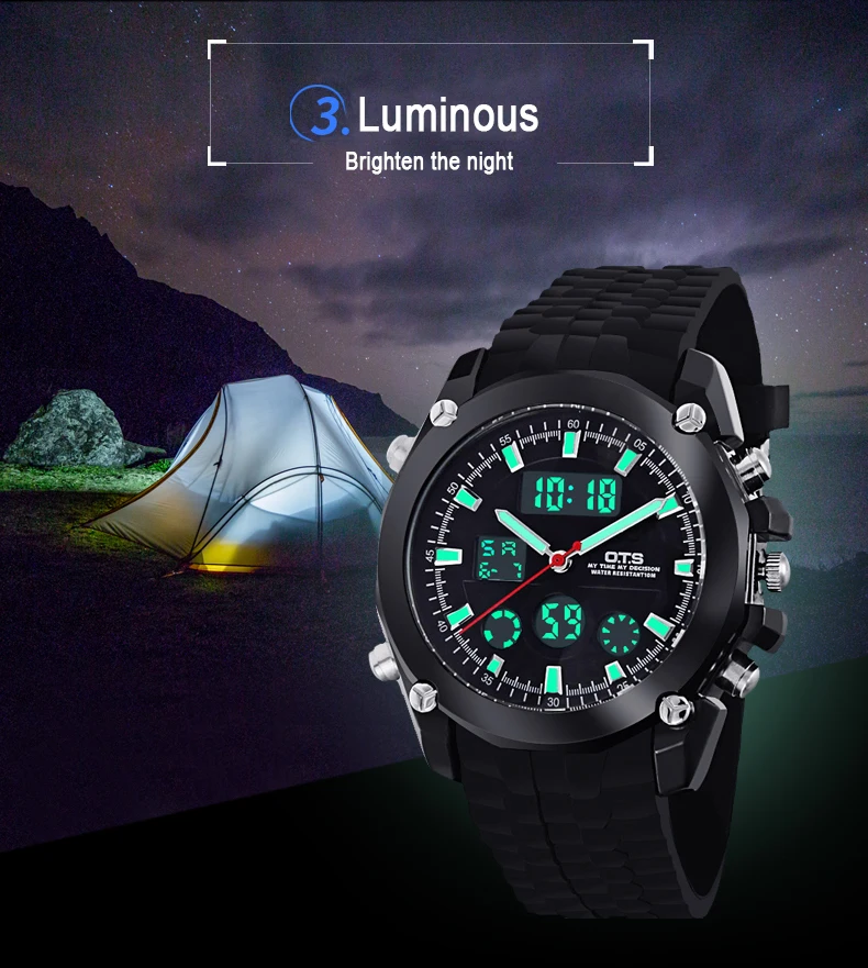 Новые OTS с двойным дисплеем водонепроницаемые светящиеся мужские спортивные часы наружные Часы светодиодный цифровые наручные часы