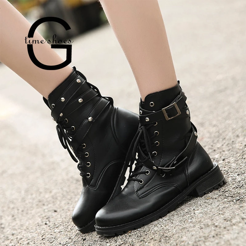 

Gtime Martin Boots Fashion New Punk Gothic Style Lace up Belts Round Toe Boots Women Shoes Short Boots Motorcycle Boot SE513