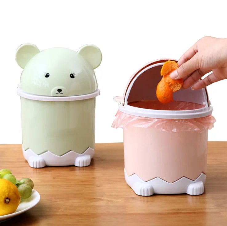

Table Trash Can Waste Bins Plastic Cute Cartoon Office Home Room Garbage Bin with Lid Cover Dustproof Desk Dustbin Container