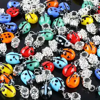 

SUNYIK 1Lot (50 Pc) Mix-color Lampwork Glass Ladybug Beetle Dangle European Charm Beads Findings