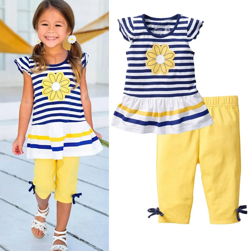2Pcs Children Baby Girls Kids Clothes Sets Flower T Shirt Tops + Shorts Pants Striped Outfits