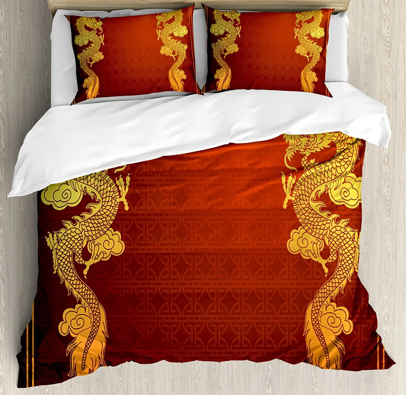 

Dragon Duvet Cover Set Chinese Heritage Historical Asian Eastern Motif with Legendary Creature Design,4 Piece Bedding Set