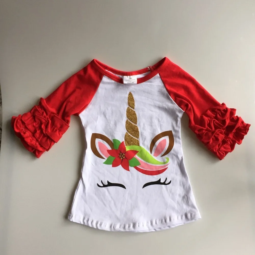

2018 Hot Selling Christmas Baby Girls Tshirt Unicorn Printed Red Cotton Long Sleeve Ruffule Shirt 12m to 7T Available