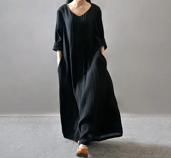 

2016 Spring Autumn Winter Dresses Vintage Solid Long Sleeves Robe Maxi Long Loose Plus Size Women Dress Casual Linen Dresses
